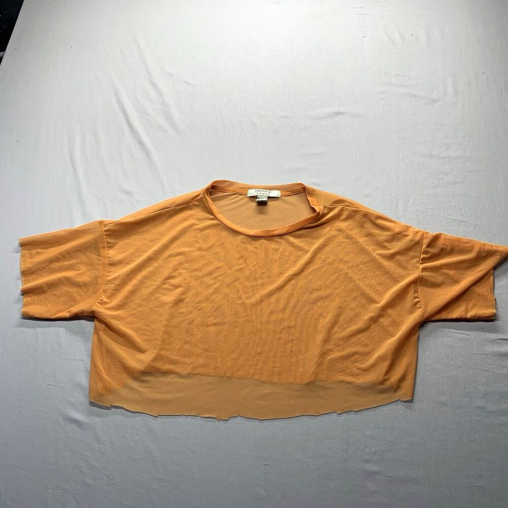 Forever 21 Women's Orange Sheer Mesh Cropped Crew Neck Raw Hem Tee M